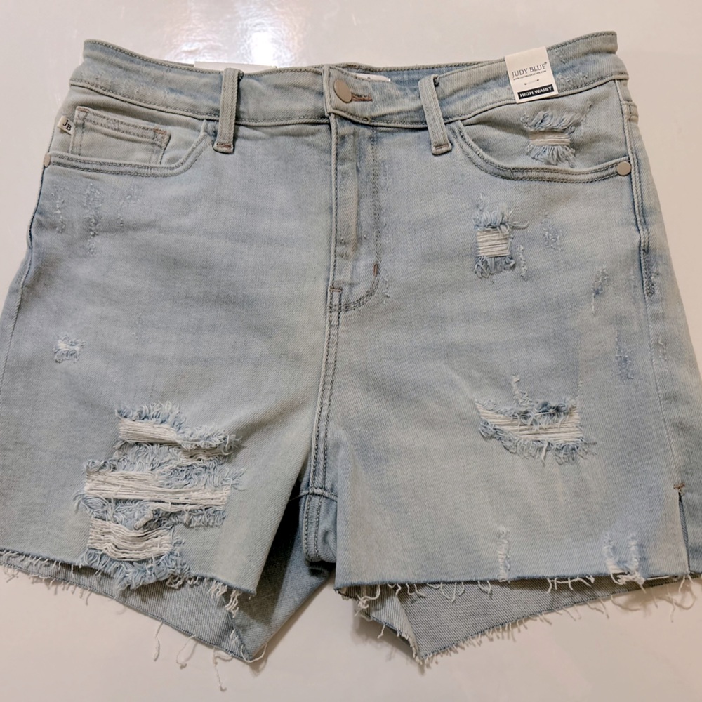 Judy Blue Distressed Blue Jean Shorts with Frayed Hem